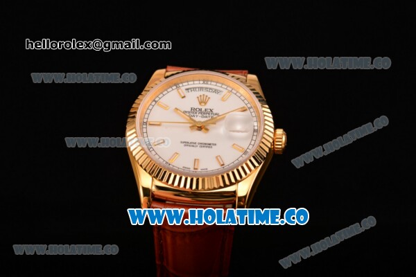 Rolex Day-Date Asia 2813/Swiss ETA 2836/Clone Rolex 3135 Automatic Yellow Gold Case with Stick Markers and White Dial (BP) - Click Image to Close